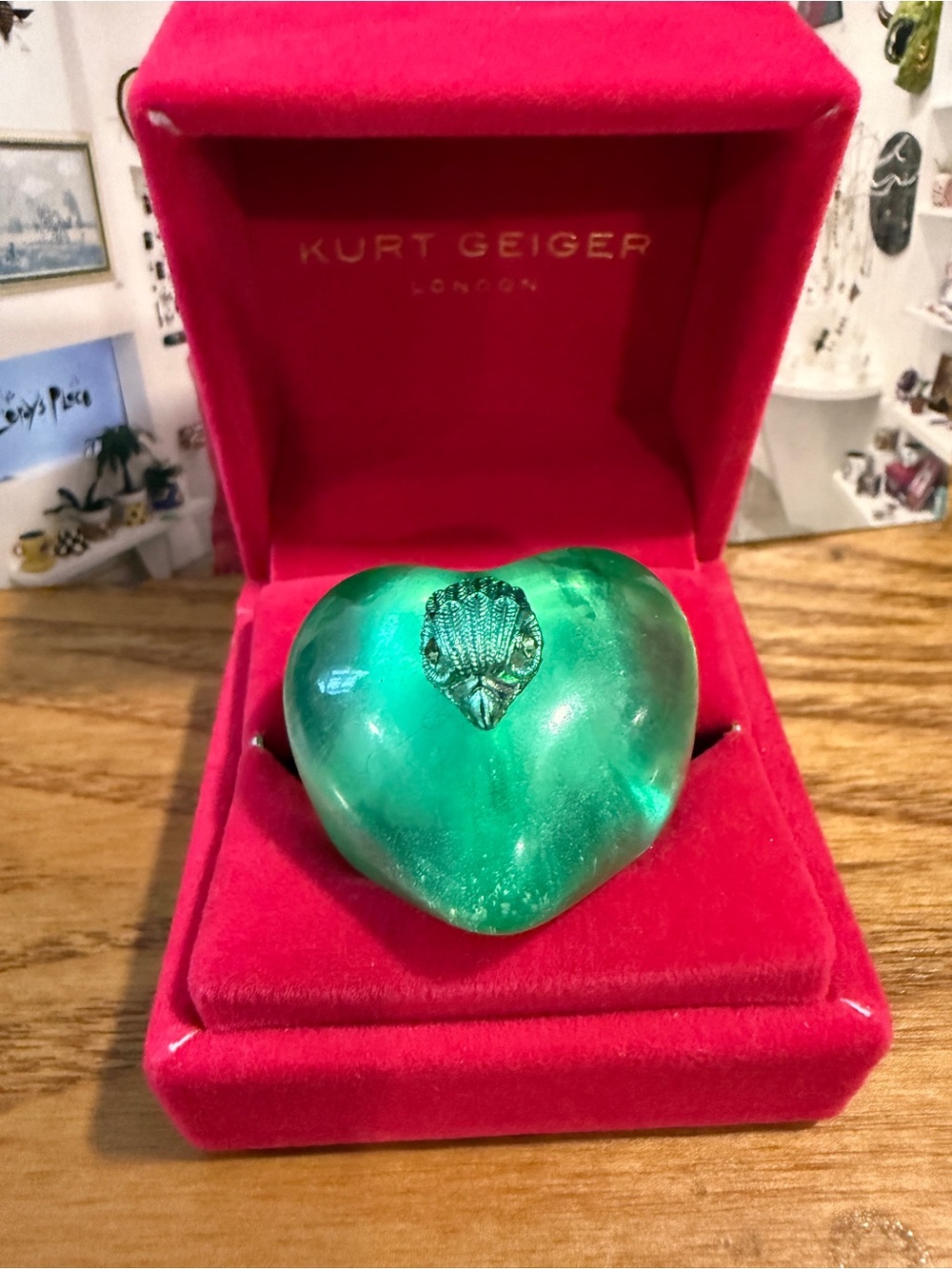 Kurt Geiger Green Heart Ring with Eagle head Accent